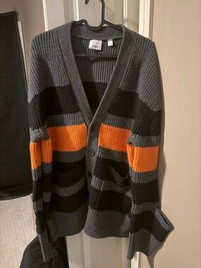 Burberry Gray Black Orange Striped Chunky Knit V-Neck Cardigan